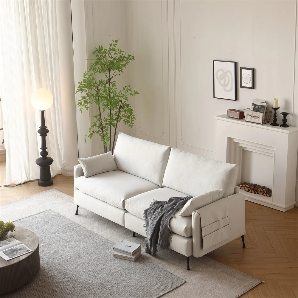 #￥Nordic Deep Seat 2-Seater White Cloud Couch with 2 Armrest Pillows Love Seat for Living Room Bedroom Office Apartment