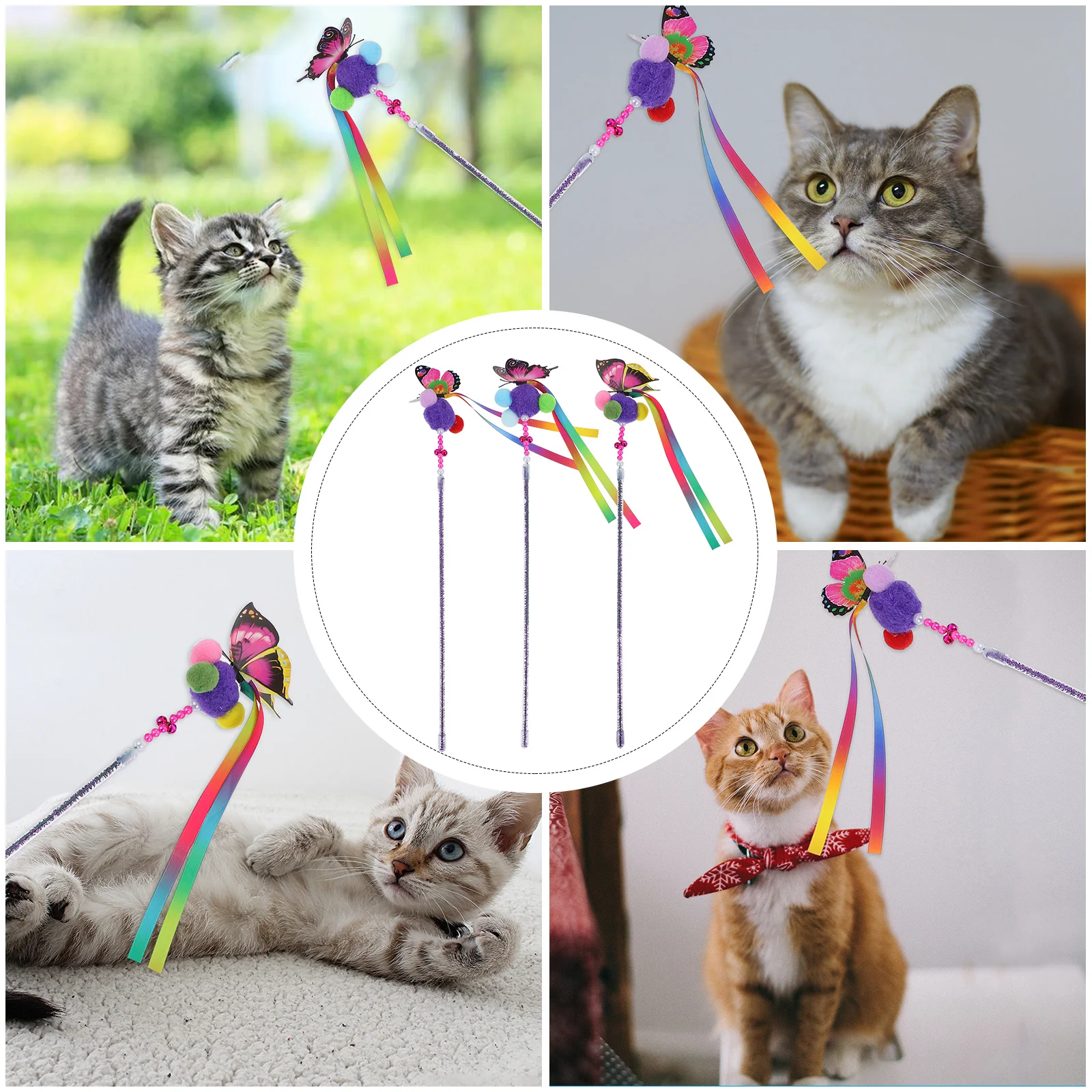 

3Pcs Cat Teaser Simulated Butterflies Stick Interactive Wand for Active Play Exercise and Furniture Scratch Prevention Cat