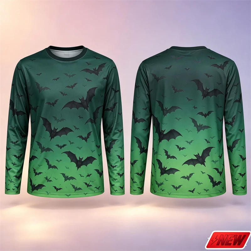 Gothic Bat Pattern Long Sleeve T Shirt Men Halloween 3D Print Gradient Horror Sky Flying Bat Tee Casual Quick Dry New Top Unisex