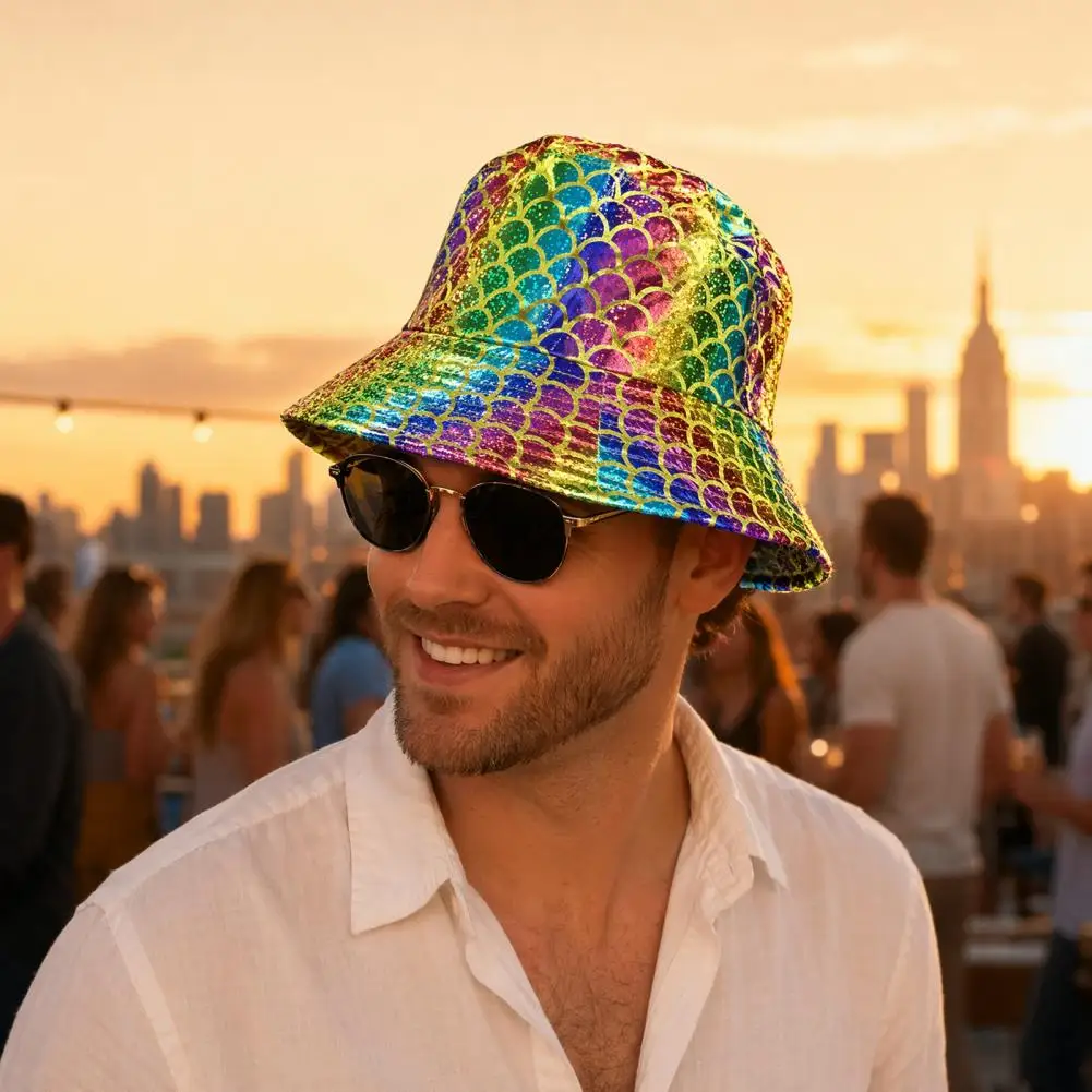 Outdoor Travel Hat Shiny Fabric Bucket Hat with Reflective Rainproof Design Colorful Fish Scale Pattern Fisherman Hat Sun