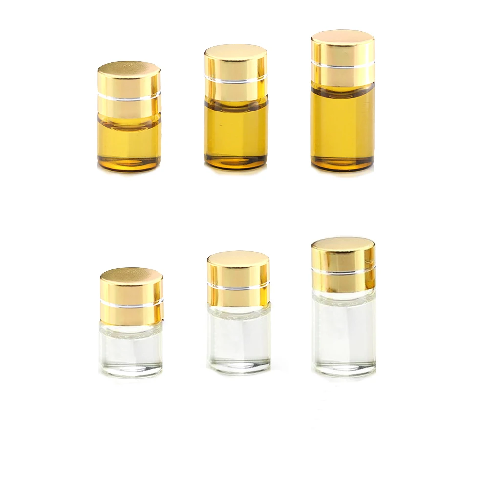 100pcs 1ml 2ml 3ml Mini Glass Bottle Gold Cap Clear Small Essential Oil Vials Coosmetic Packing Container