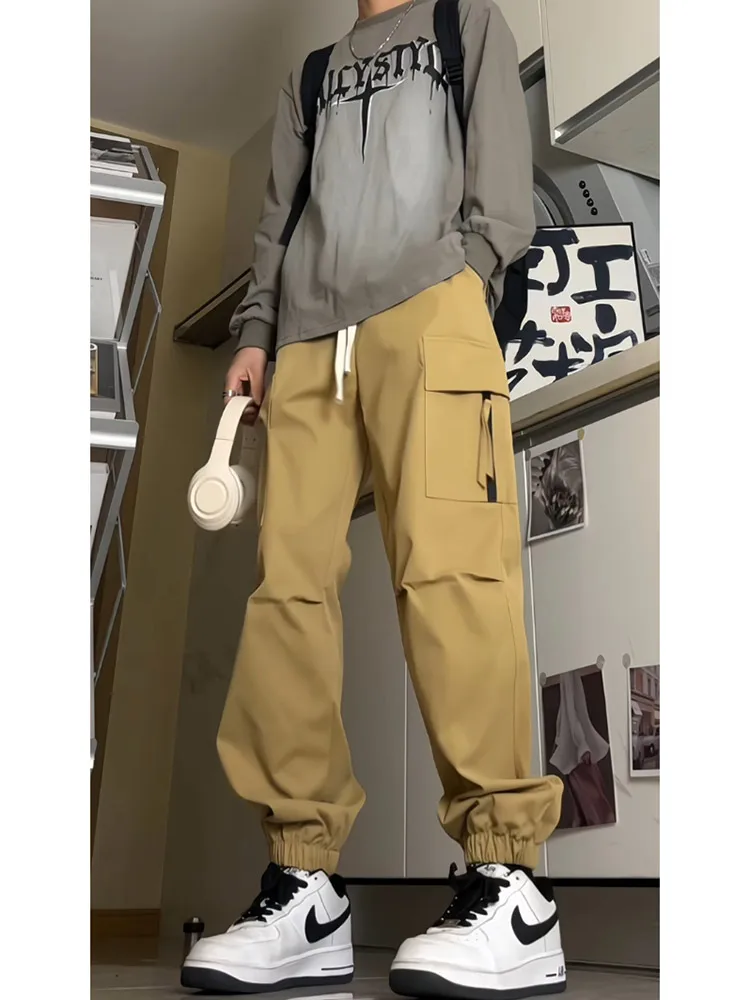 

Мужские брюки цвета хаки, весна-осень 2024, новые, в американском повседневном стиле, с отворотами, рабочие, дизайнерские, устойчивые к сминанию