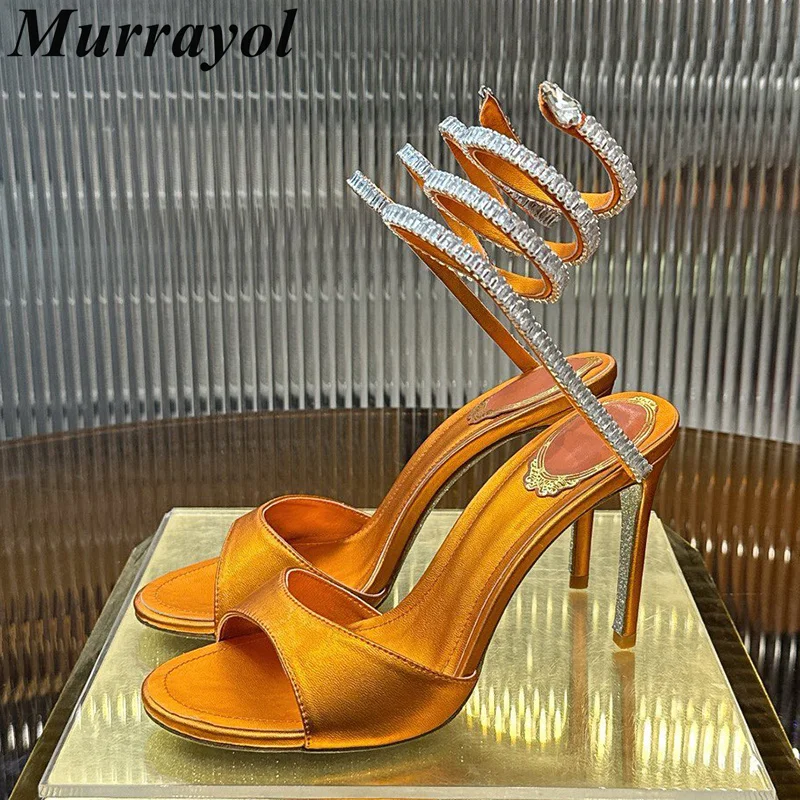 Bling Rhinestone Sandalias Thin High Heels Women Suede Snake Shaped Elastic Strap Peep Toe Sandals Summer Party Fairy Shoes