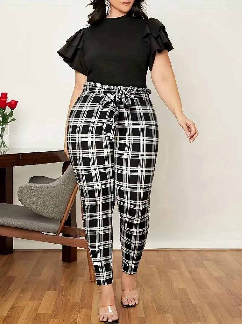 GIBSIE Plus Size Vintage Belted Plaid Pants Women Spring Summer Elegant High-waisted OL Female Casual Capris Pencil Pants