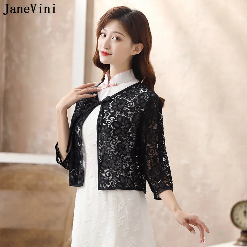 JaneVini Black Lace Bolero Women Jacket Bride Wedding Coat with 3/4 Sleeves Lace-Up White Spring Summer Shrug Cloak Capes Wraps