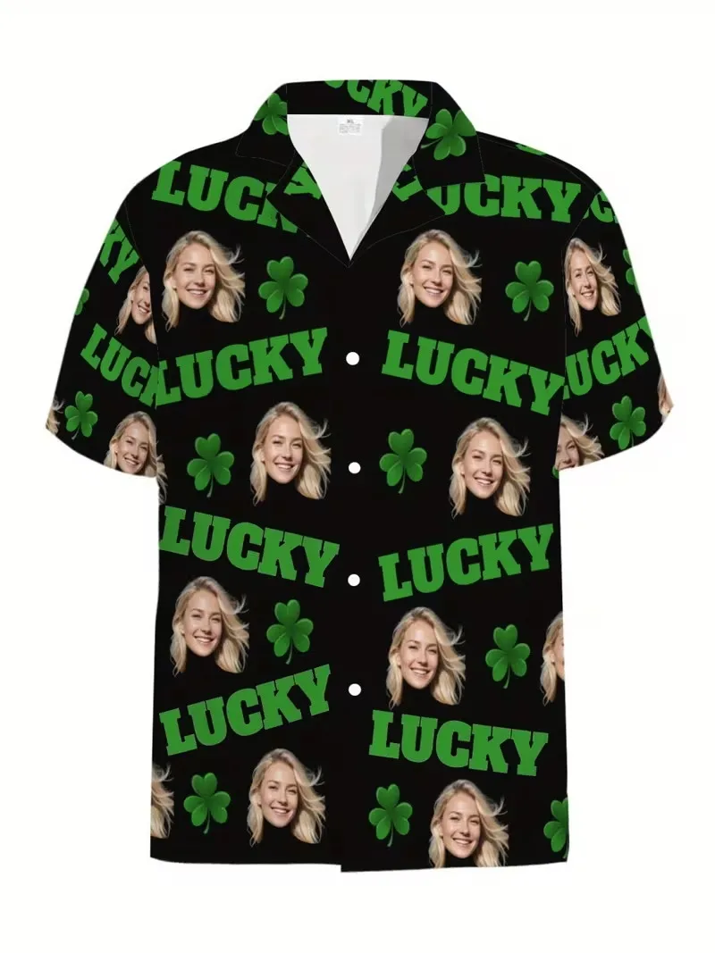 

Custom Photo Holiday Shirts For Men Casual Short Sleeve Button Beach Shirts Shamrock Cropped St Patrick's Day Aloha Shirts