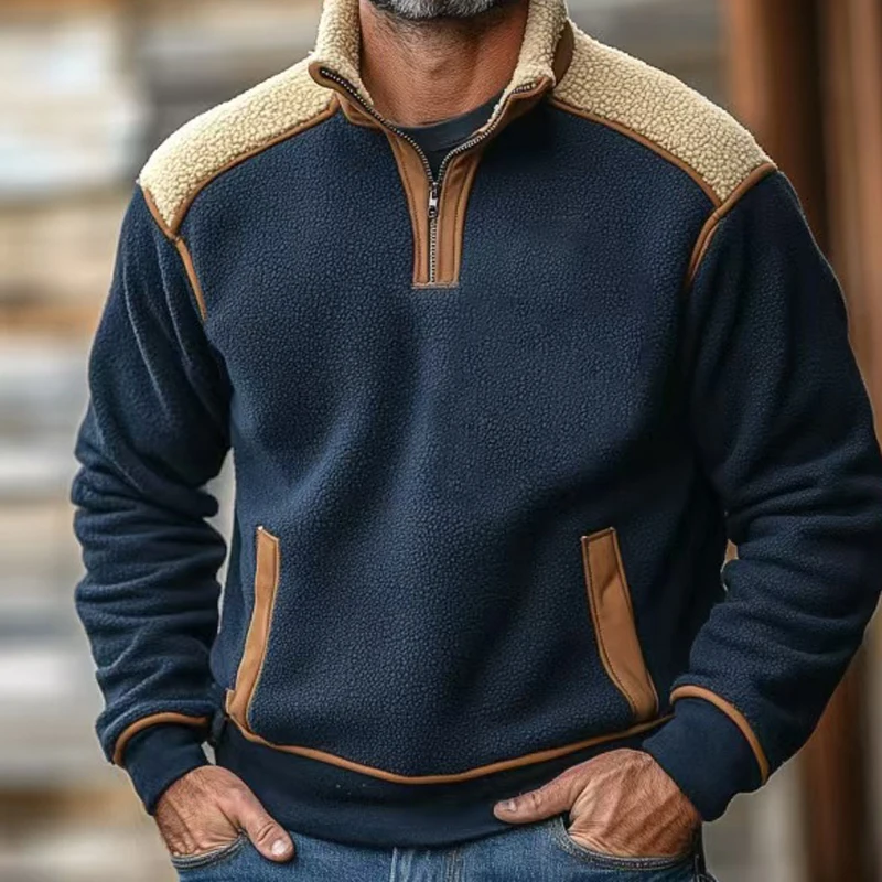 

Fall Winter Warm Fleece Liner Sweatshirt For Men Outdoor Casual Patchwork Lapel Zipper Hoodie Fashion Mens Clothes Loose Hoodies
