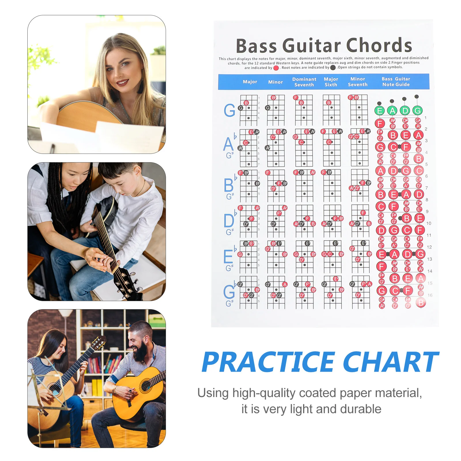 Music Electric Bass Chord Diagram Guitar Fretboard Notes Chart Copper Sheet Chort Learning Guide