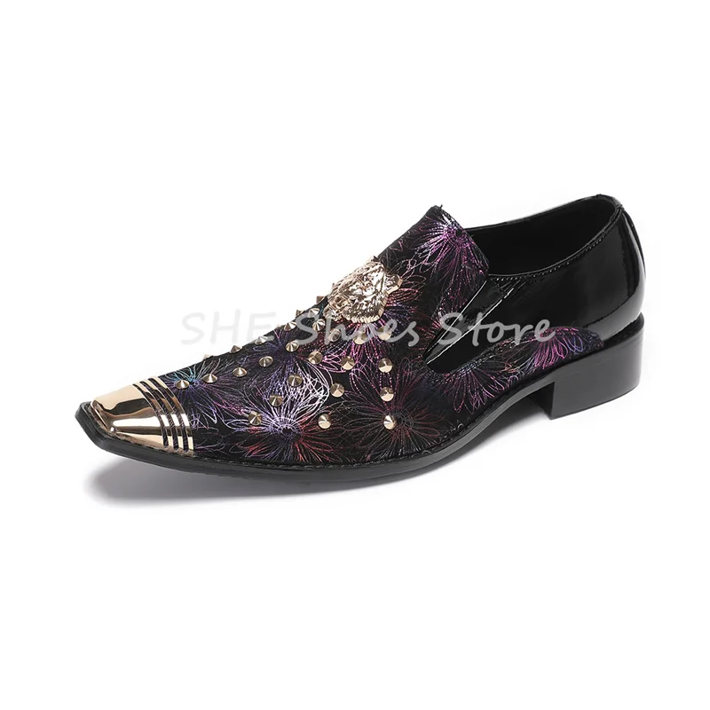 Luxury Mixed Color Wedding Party Shoes for Men Fashion Tiger Rivet Metal Pointed Toe Chunky Heel Loafers Male Leisure Shoes