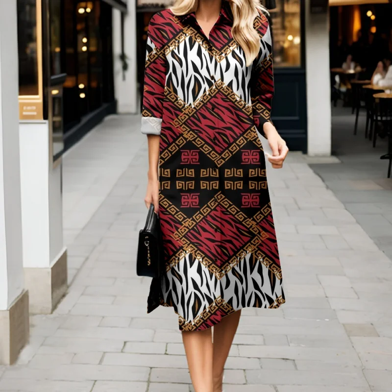 2025 Primavera e autunno Nuovo abito camicia con risvolto con stampa floreale Moda Street Style Gonna lunga da donna Manica lunga Design con bottoni