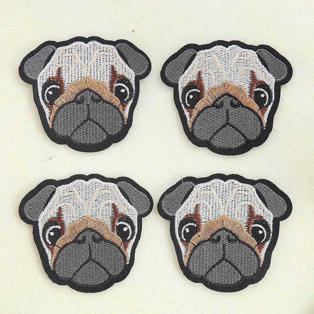 2pcs Adorable Pug Dog Head Patch Iron on Embroidered Sewing Applique for Girls Boys Clothes Stickers Apparel Garment Accessories