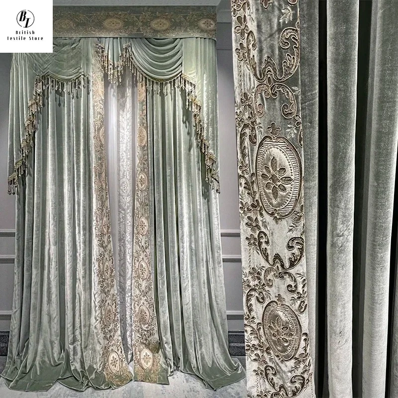 

Custom Size！！European Romantic Style Grey Green Velvet Embroidered Curtains for Bedroom Living Room High Window French Window