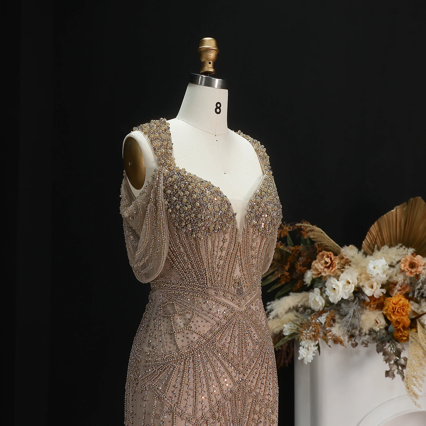 Sharon Said Luxuriöses Abendkleid mit rosa Perlen und Perlenstickerei, drapiertem Träger, V-Ausschnitt, Meerjungfrauen-Schnitt, für formelle Anlässe und Partys, SS193, maßgeschneidert – Detail 12