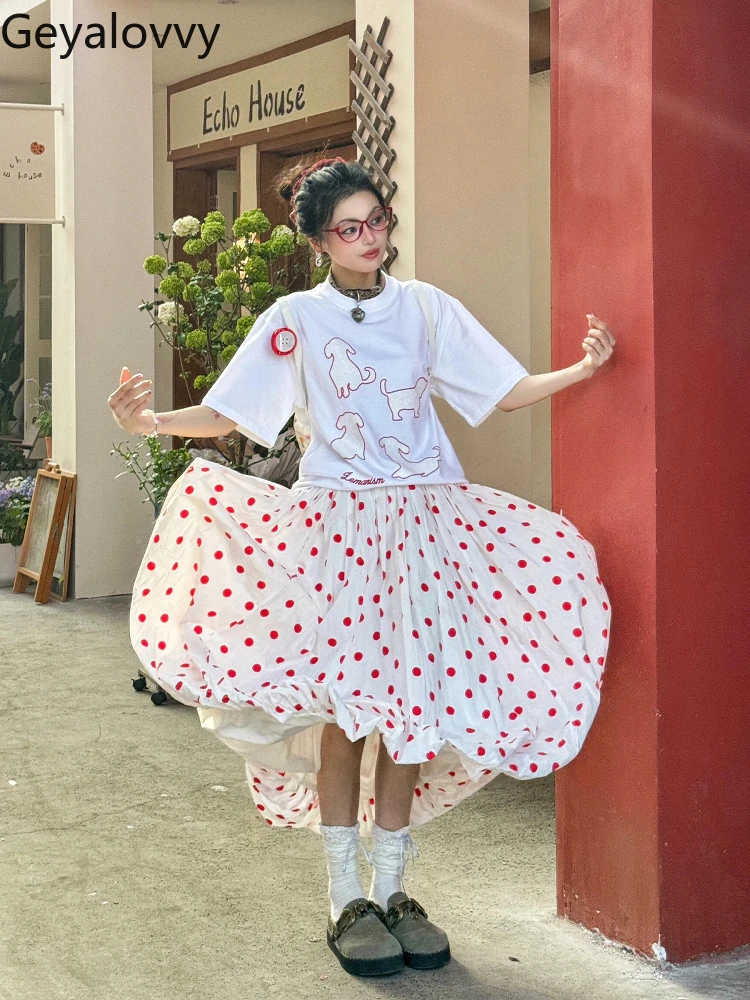 Gonna a vita alta a pois rossi giapponesi Estate Nuove ragazze dolci Versatile elastico in vita Grande altalena Soffici gonne a bolle di boccioli