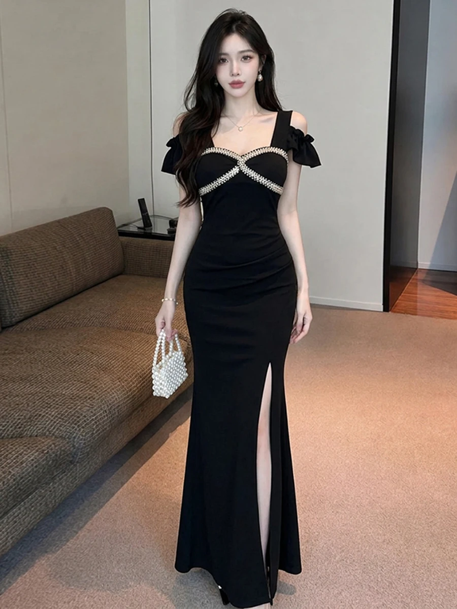Elegant Shoulder Bared Sleeve Dress Sexy High Waist Slimming Split Fish Tail Nightclub Dress Long Skirt Commute Style Pleated