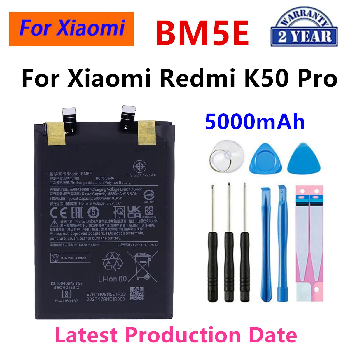 

2024 years Brand New BM5E 5000mAh Replacement Battery For Xiaomi Redmi K50 Pro K50Pro Mobile Phone Batteries +Tools