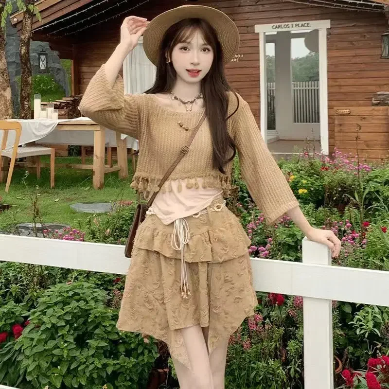 

Women's Boho Hollow Out Tassle Knit Shirts Sling Skirts Two Piece Suits Spring Summer Lady Crop Tops Skirt Outifts 2025 Clothing