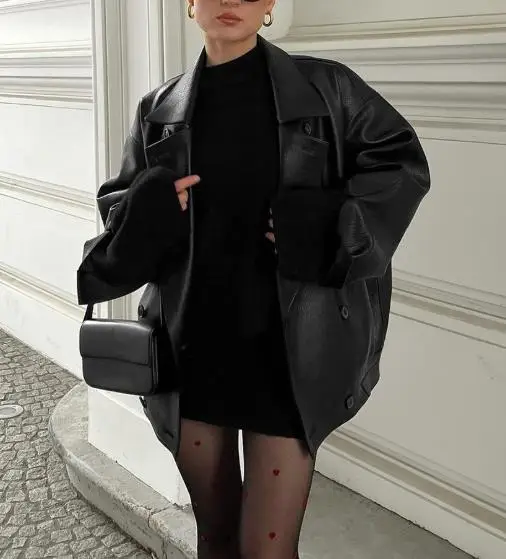 Women's Retro Temperament Suit Collar Loose Leather Jacket Autumn/Winter Fashion New Style 2025