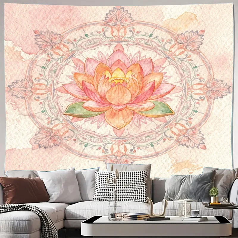 Large Bohemian Mandala Lotus Flower Tapestry Wall Hanging Pink Peach Orange Floral Ethnic Art Decor for Living Room Bedroom Post