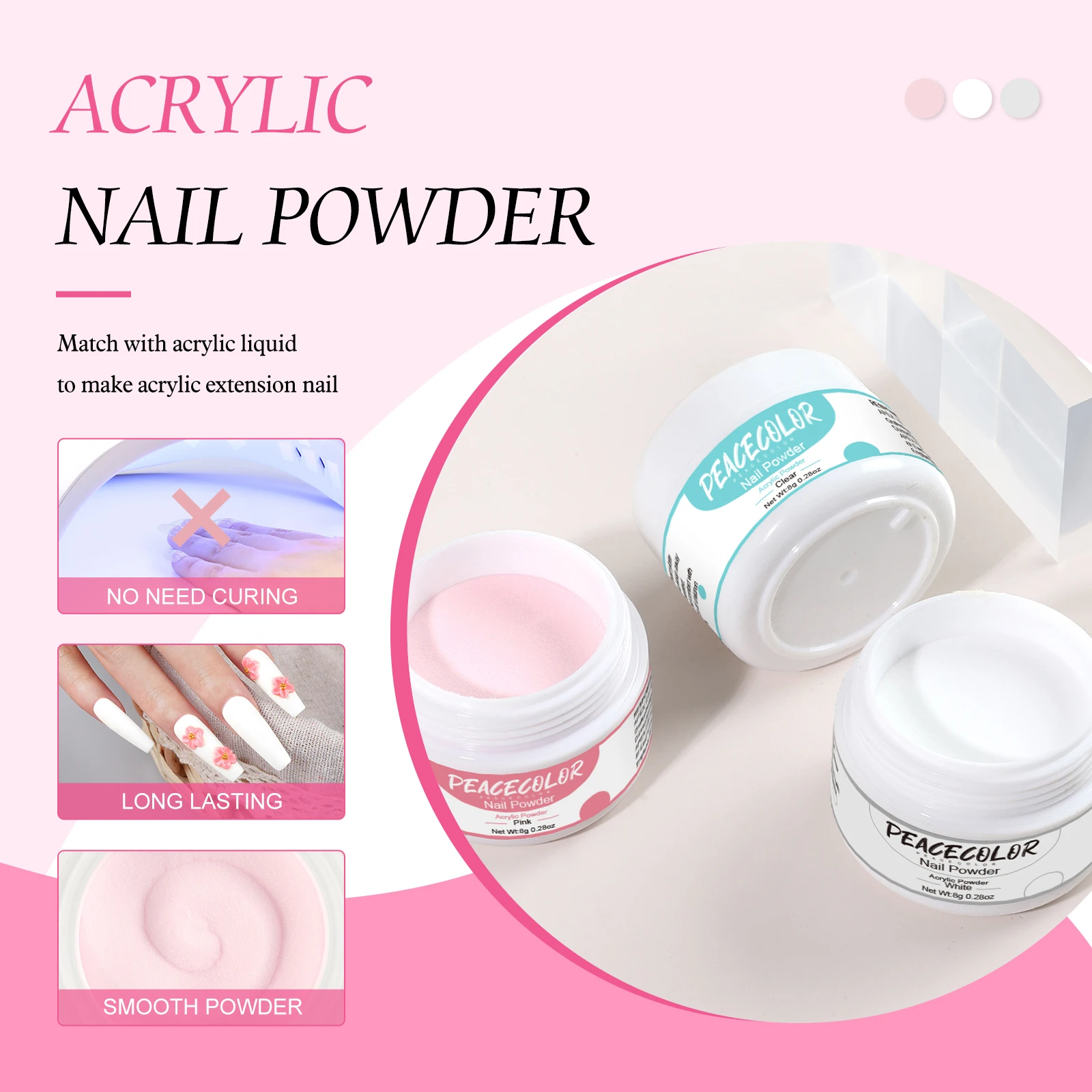 Peacecolor Acryl-Set, 6 W, Nagellampe, 3 Stück, 8 g, Acrylpulver, 30 ml Acryl-Flüssigkeits-Set mit Top- und Basisbeschichtung, Maniküre-Verlängerung