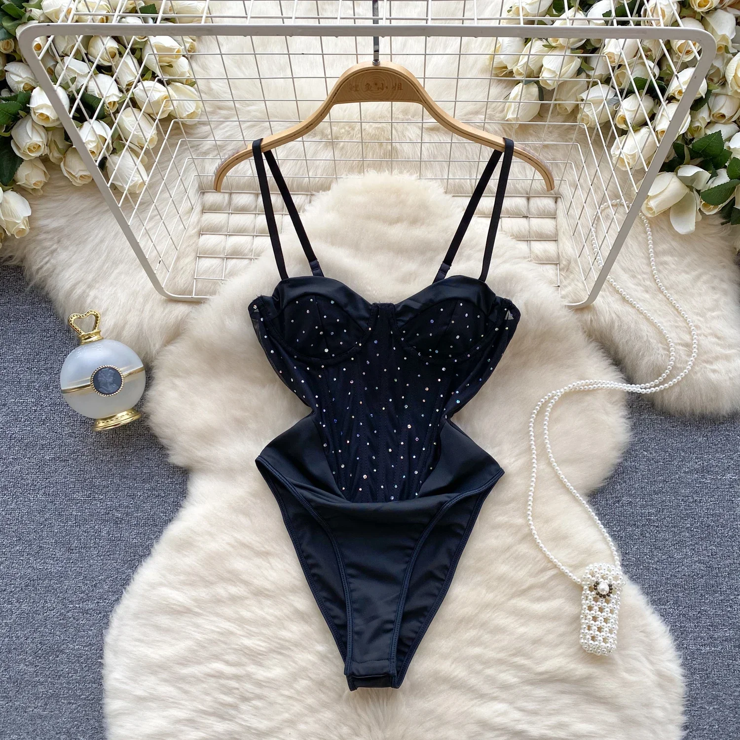

Backless Elegant Sleeveless Chic Rhinestone Bodysuits Straps Top Sexy Beach Vacation High Street Summer Autumn Jumpsuit