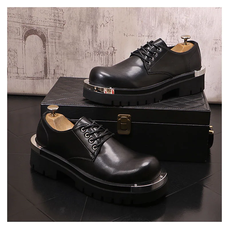 

men's luxury fashion stage nightclub dress platform shoes lace-up derby shoe black stylish original leather gentleman footwear