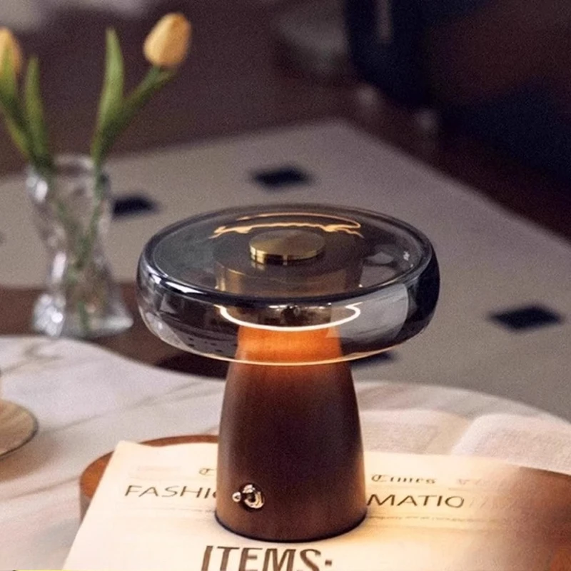 

Vintage Solid Wood Mushroom Table Lamp LED Luxury Glass Lampshade Bedroom Bedside Study Restaurant Reading Atmosphere Desk Light