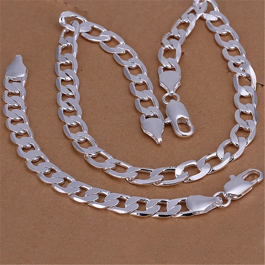 925 sterling Silver color Classic men 6MM 8MM Chain Bracelets necklace Jewelry set for woman Fashion Party wedding Fast shipping