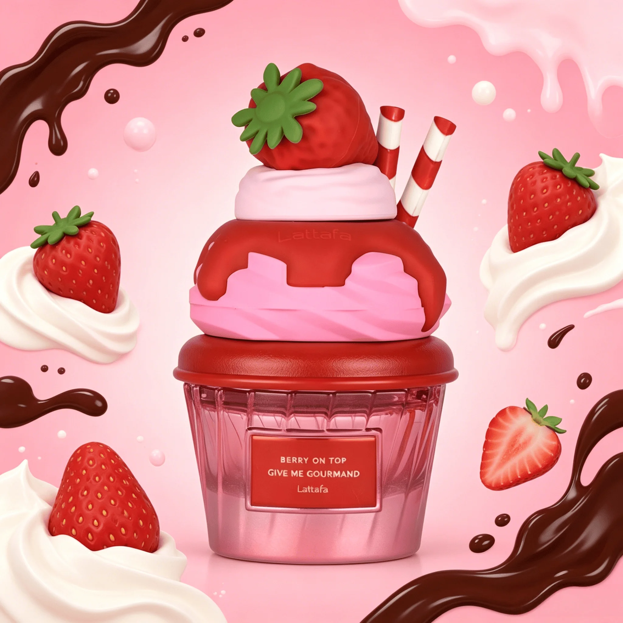 YARA LATTAFA Berry On Top Give Me Gourmand Eau de Parfum 100ML Long Lasting Sweet Juicy Strawberry Milky Cream Dessert Fragrance Women Perfume Cute 3D Strawberry Whipped Cream Cup Bottle Fruity Gourmand Scent Birthday Holiday Gift for Ladies view 2