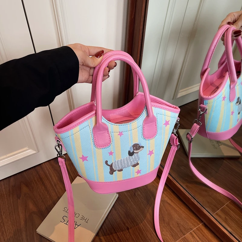 

Casual Tote Bag For Women Large Capacity Basket Shopping Bag Cute Dog Cartoon Handbag Versatile Shoulder Crossbody Bag