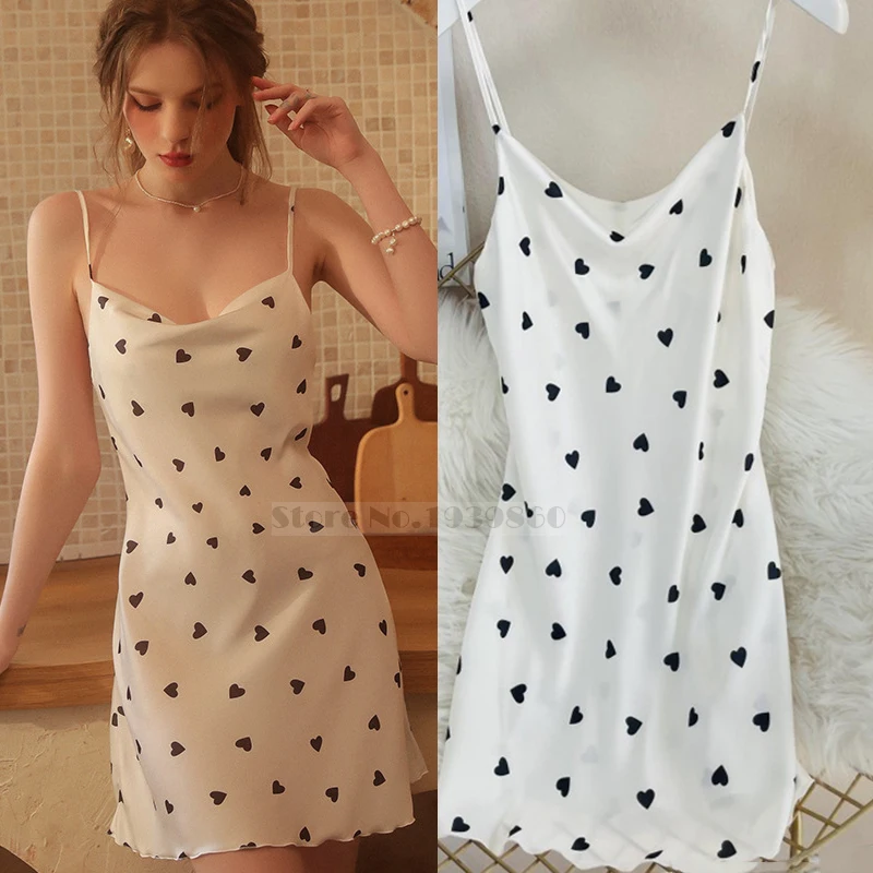 Summer Female Chemise Nightgown Sleepwear Print Flower Nightie Nightwear Sexy Strap Swing Collar Mini Nightdress Satin Home Wear