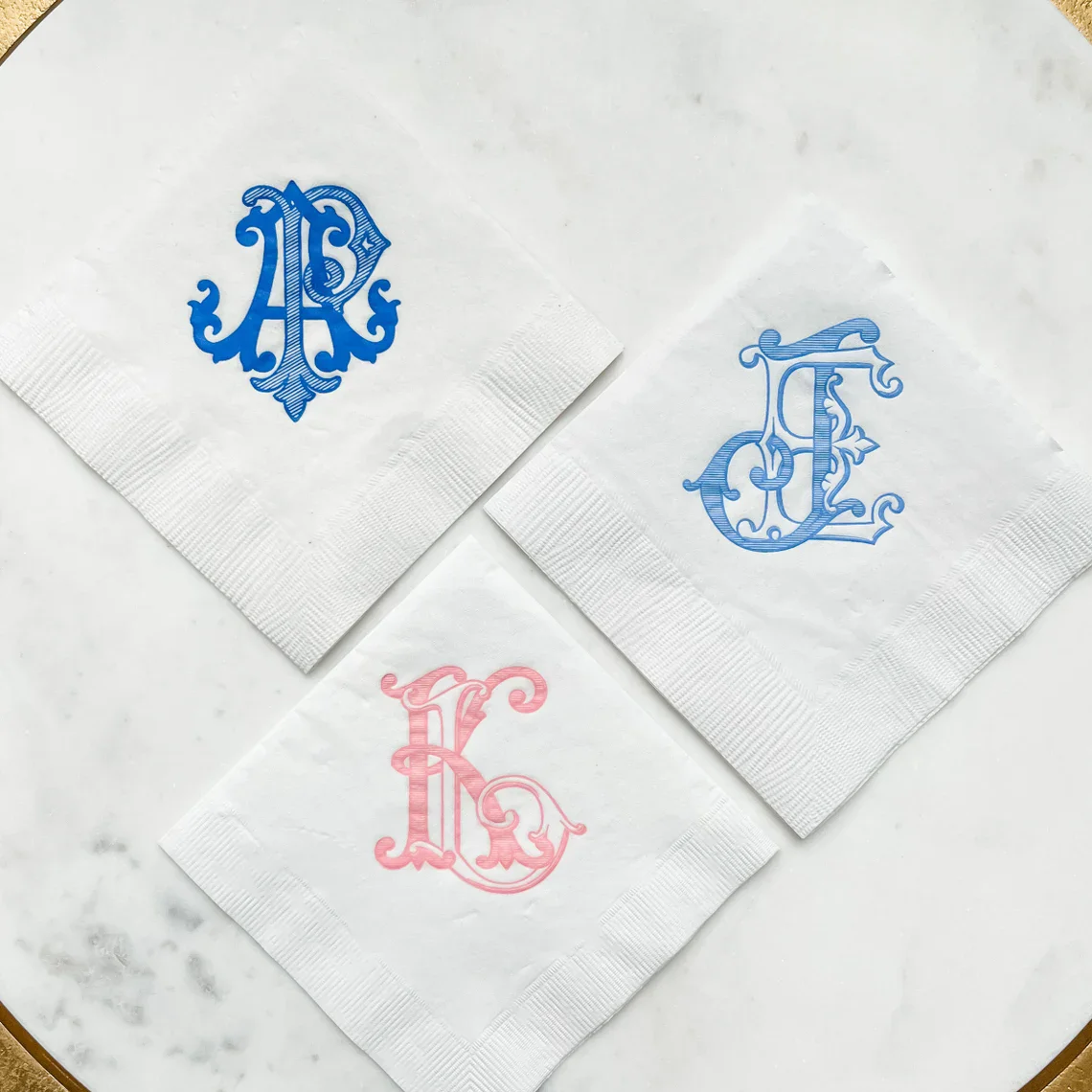 50pcs Custom Interlocking Vintage Monogram Wedding Napkins, Custom Cocktail Napkins, Foil Printed Napkins, Personalized Napkin,