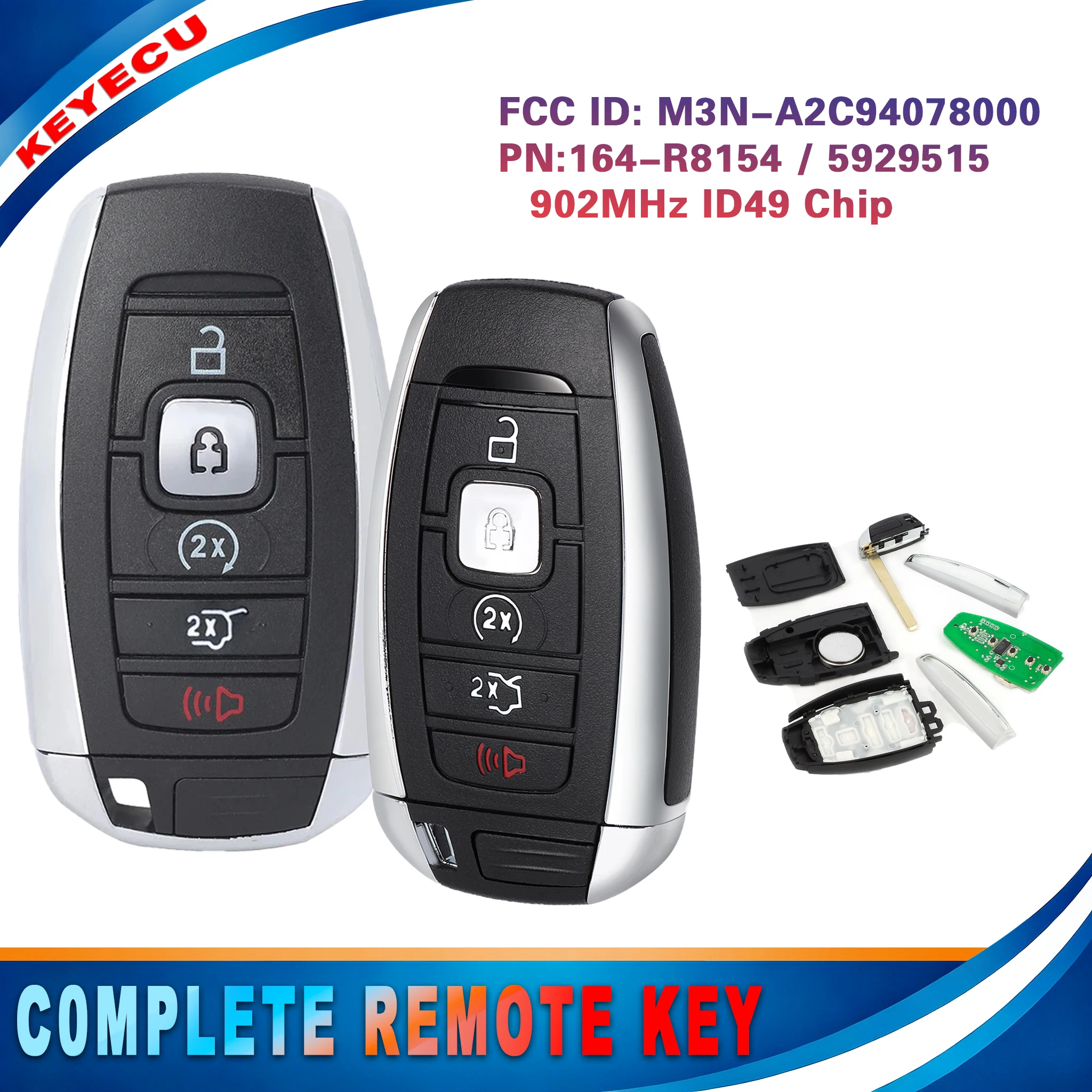 KEYECU for Lincoln Continental MKC MKZ Navigator MKX Nautilus Smart Proximity Key Fob M3N-A2C94078000 902MHz ID49 Chip 164‑R8154