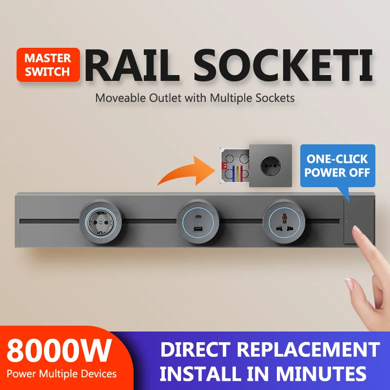 Track Socket with Switch Kitchen Wall Outlet EU US UK Universal Standard Round Removable Adapter Plug Electrical Outlet with USB