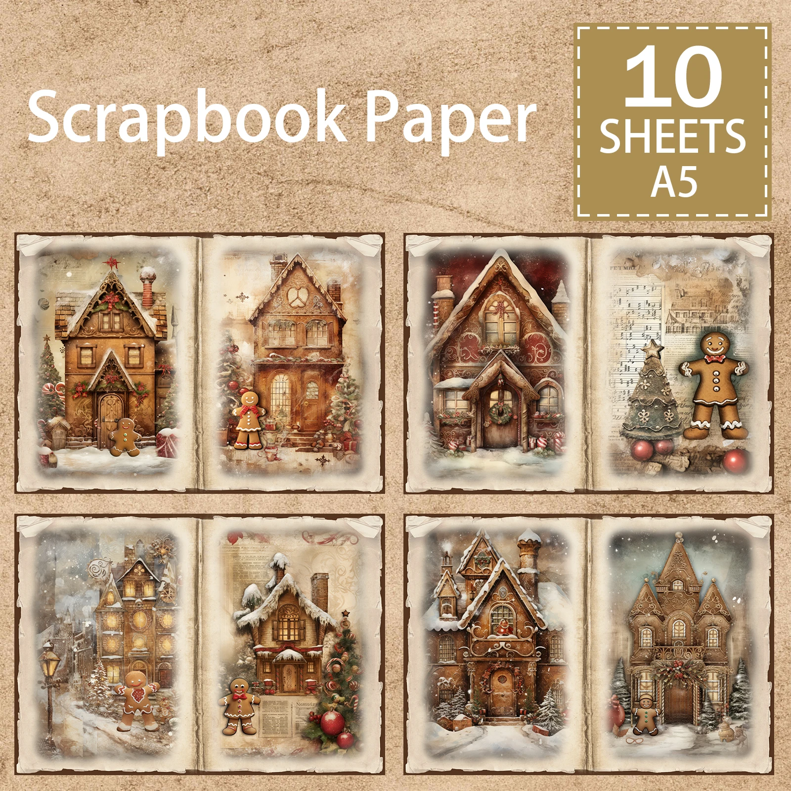 10 Sheets A5 Size Christmas Gingerbread Man House Background Vintage Grunge Journal Planning Scrapbooking