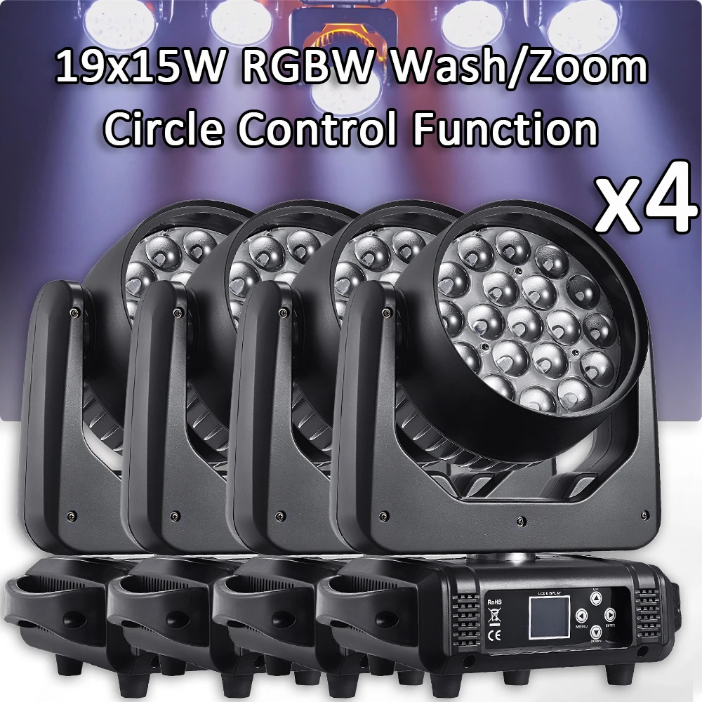 4Pcs/Lot LED 19x15W RGBW 4in1 Wash Zoom Beam Moving Head Lighting with Flightcase For DJ Disco KTV Bar Nightclub Stage Light