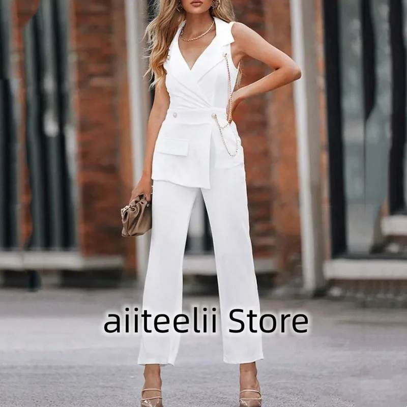 Women\'s Suit Two-piece Suit Fashion Lapel Solid Color Sleeveless Vest Top Handsome Double-breasted Sexy V Slim Fit for Casual