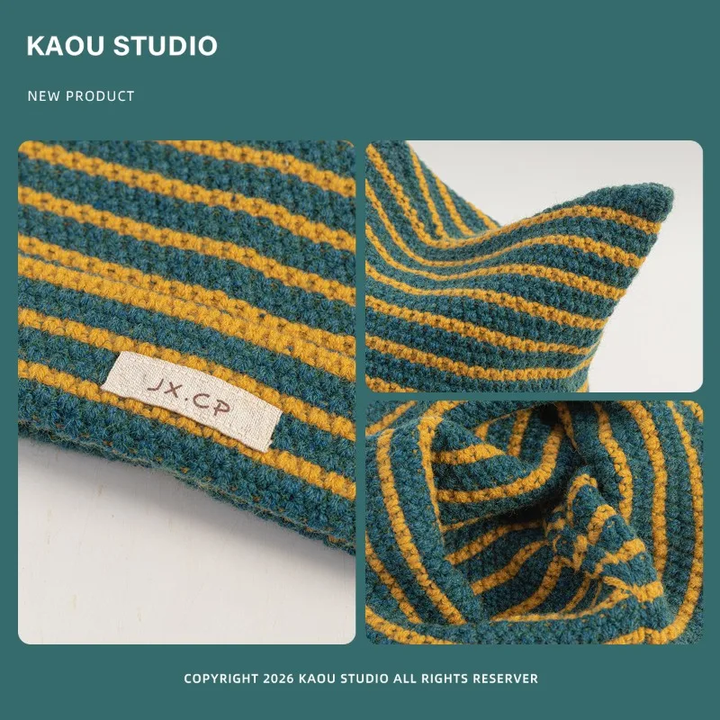 Japanische Dopamin-Mütze mit süßen Katzenohren, gestreift, gestrickt, mit Ohrenschutz und Wärmeisolierung, Y2k Skull Beanie für Männer und Frauen – Detail 6