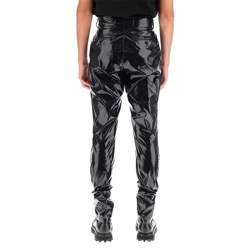 Men's Punk Faux Latex Pants Shiny Patent Leather Pleated Harlan Pants Male High Waist Stretch PU Trousers New Streetwear Custom