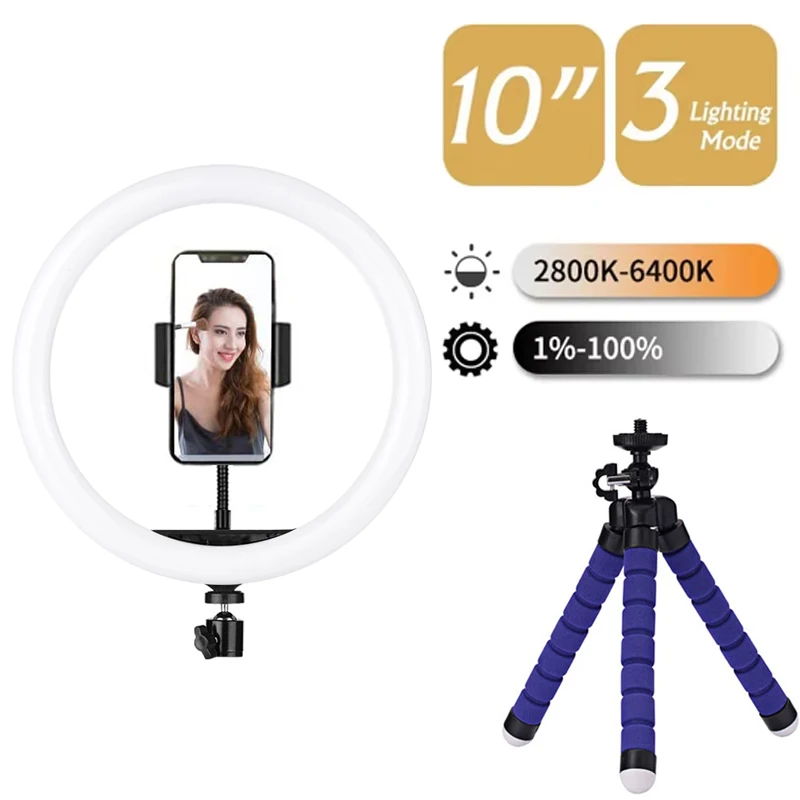 Anillo de luz LED para fotografía, iluminación ajustable, luz de anillo para teléfono con soporte de trípode de 20cm, lámpara de relleno redonda USB para vídeo de teléfono en vivo
