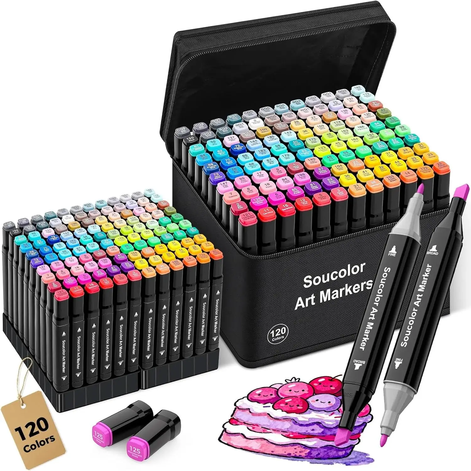 

120 Dual-Tip Alcohol Markers with Case, Chisel & Fine Tips for Adult Coloring, Kids Drawing, Blending Sketching Art Supplies