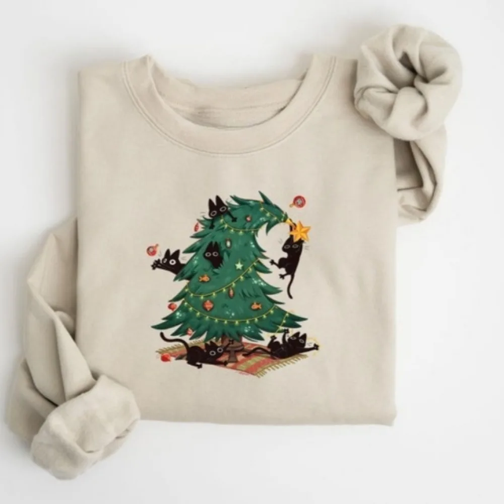 

Funny Christmas Cat Sweatshirt Happy Cat Year Women Hoodie Christmas Cat Hoodie Autumn and Winter Thermal Hoodie Pullover