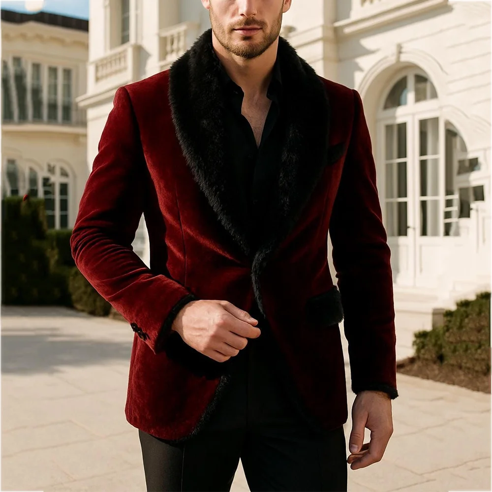 

Luxury Velvet Men Suit Jacket Two Pieces Feathers Shawl Lapel Single Breasted Ouitfit Jacket Pants Formal Party Wedding Suit