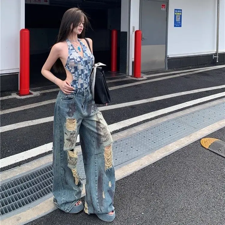 

Wide Leg Casual High Waist Retro Ripped Straight Leg Jeans Streetwear Cargo Pants Women Pantalones Mujer 2025 New