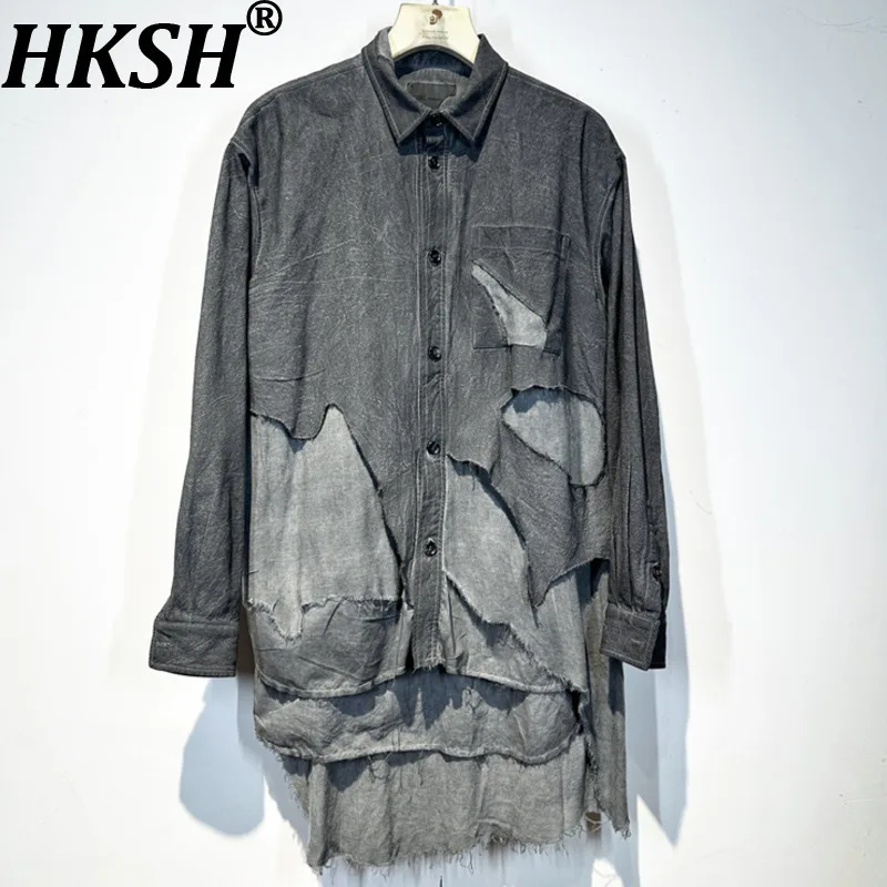

HKSH Spring New Man Tide Dark Waste Land Нерегулярный подол Многослойная свободная хлопковая рубашка с потертостями холодного цвета Модный шикарный топ HK8751