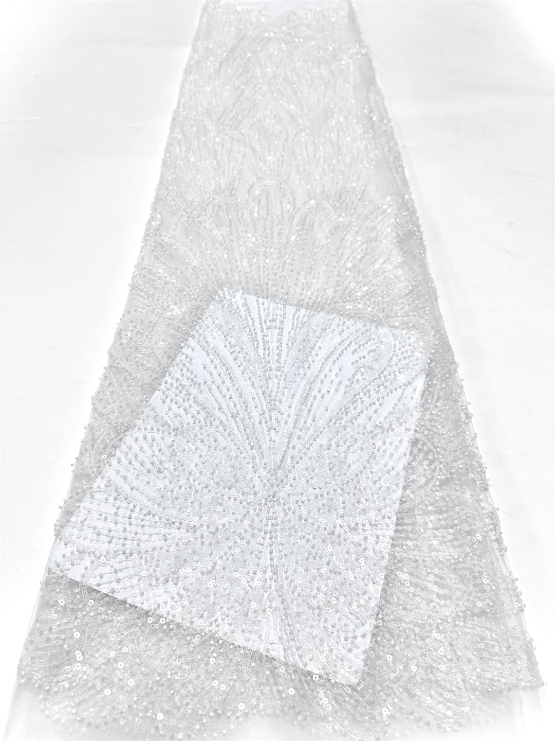 

White African Heavy Beaded Lace Fabric 2025 High Quality 5 Yards Nigerian Sequins Groom Fabric Material For Wedding Party Dress