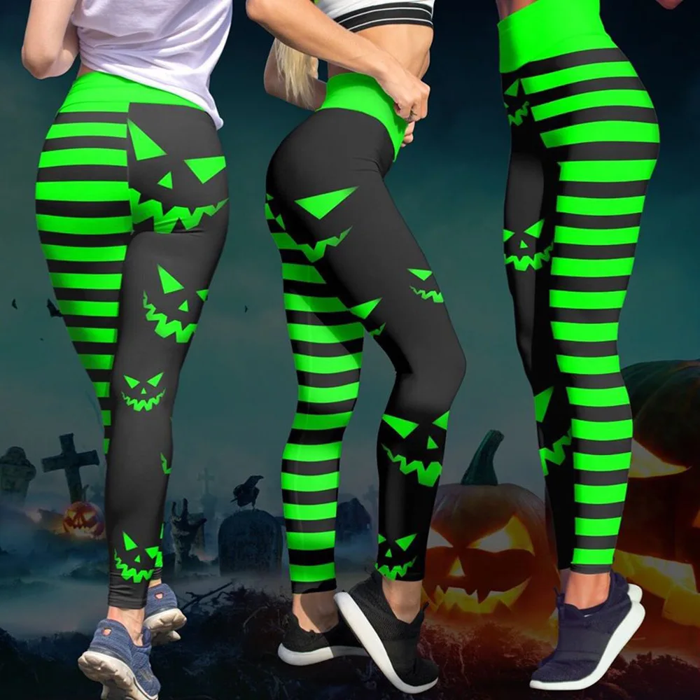 Women's Halloween Pumpkin Face Leggings, High Waist Stretch Tummy Control Yoga Pants, Spooky Striped Workout Leggings