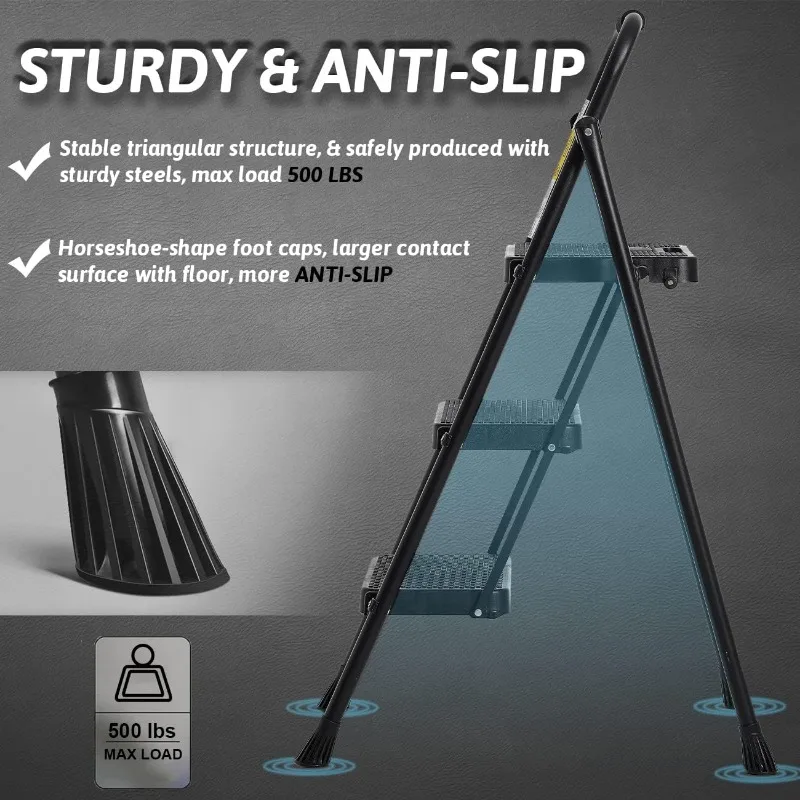 3 Step Folding with Handgrip, 500Lbs Steel Steps Stool, Folding Ladder with Anti-Slip Wide Pedals