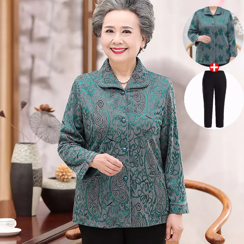 5XL Elderly Women Blouse 2023 Spring Autumn Long Sleeves Print Mother Shirts Casual Cardigan Tops Grandmother Blusa Shirt W564