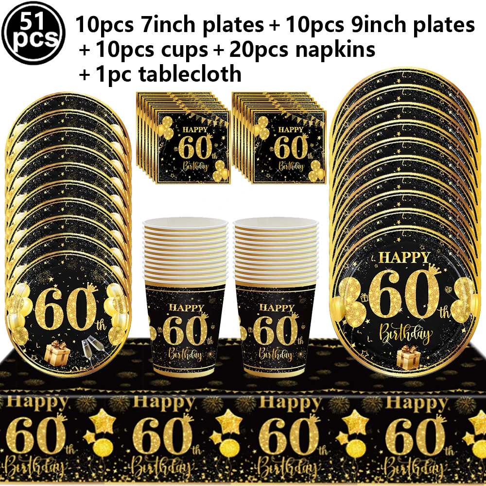 60. Geburtstag Party Dekorationen Pappteller Servietten Becher Banner Schwarz Gold 60 Jahre Alt Party Feier Dekorationen Zubehör – Detail 4